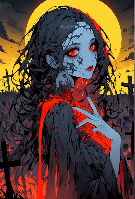 Ultra Detailed, ((Exquisite and beautiful)),(Zombie girl), (Red spell on yellow background),midnight,Dark Landscape,Blue nails,Graveyard at night