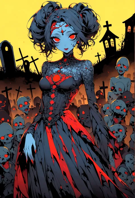 Ultra Detailed, ((Exquisite and beautiful)),(Zombie girl), (Red spell on yellow background),midnight,Dark Landscape,Blue nails,Graveyard at night