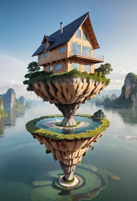 island floating in the air with a wooden house on it.