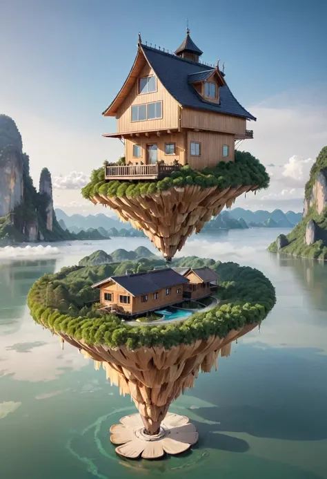 island floating in the air with a wooden house on it.