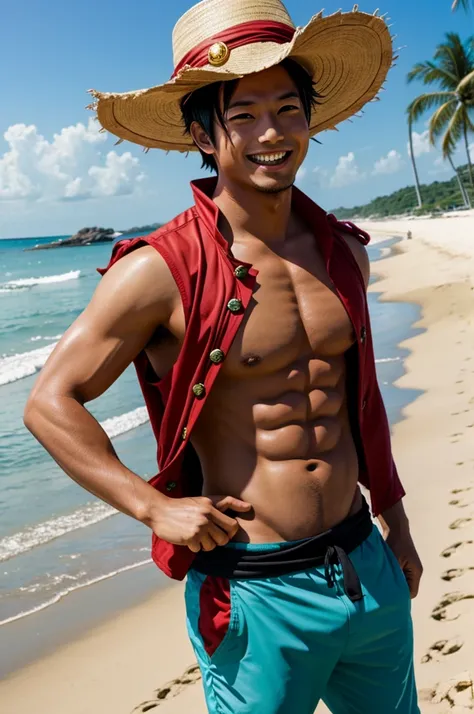 Yamato from One Piece on the beach looking happy