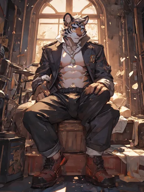 {{bara extremely handsome white tiger,}} {{white fur,}} white, wearing military like purple trench coat, purple trousers, white dress shirt and necktie, white fluffy furry body and limbs, loafers, very tall, very broad shoulders, narrow waist, muscular arm...