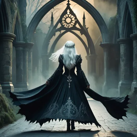 back view of a white-haired old witch wearing a dark, medieval-inspired outfit. The scene should evoke a sense of dark medieval fantasy, with intricate details such as the witchs flowing white hair contrasting against her ominous attire. Surround the witch...