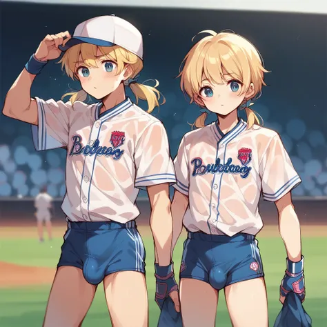 Browsing Caution,(Petite),(Cute mans daughter),((Groin bulge)),Baseball uniforms,blonde low twintails,See-through