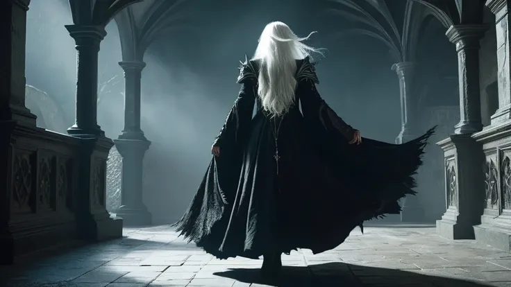 back view of a white-haired old witch wearing a dark, medieval-inspired outfit. The scene should evoke a sense of dark medieval fantasy, with intricate details such as the witchs flowing white hair contrasting against her ominous attire. Surround the witch...