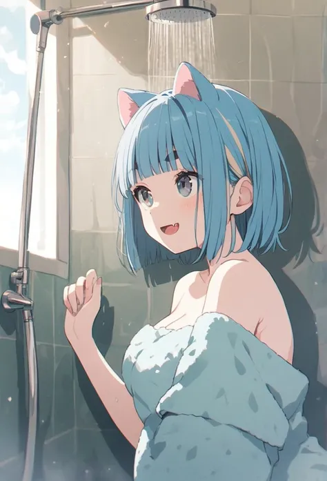 anime,(pale colors:1.8),long shot, 1girl, (on right:1.3), solo, cat mouth, smile, taking shower in head, showerhead, in bath, wearing towel, looking up, from side, fang, blue hair, bobcut, straight hair, racoon ears, racoon tail, (brown streaked hair:1.3),...