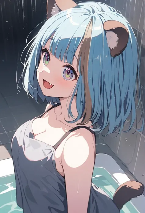 anime,(pale colors:1.8),long shot, 1girl, (on right:1.3), solo, cat mouth, smile, taking shower in head, showerhead, in bath, wearing towel, looking up, from side, fang, blue hair, bobcut, straight hair, racoon ears, racoon tail, (brown streaked hair:1.3),...