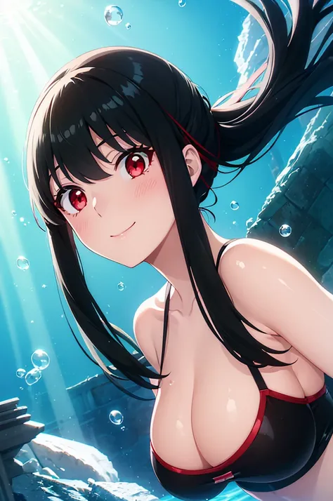 ((best quality)), (ultra-detailed), ((extremely detailed)), (beautiful), ((kawaii girl)), (black:1.3) hair, red (colored inner hair:1.2), long hair, straight hair, swept bangs, asymmetrical bangs, hair intakes, ahoge, kind smile, red eyes, medium large bre...