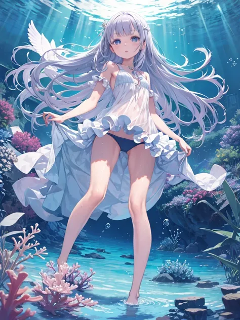 One girl, whole body floating in water, Swim forward ,floating long hair, Wet clothes, (Water bubbles), Colorful fish around, Coral, White Simple Dress, Panties 4km race, Bright Day, Complex underwater building, cloud, (masterpiece), Highest quality, Beaut...