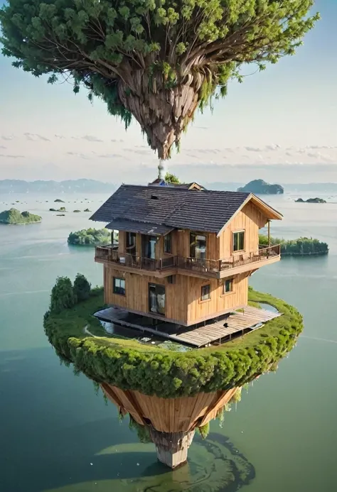 island floating in the air with a wooden house on it.