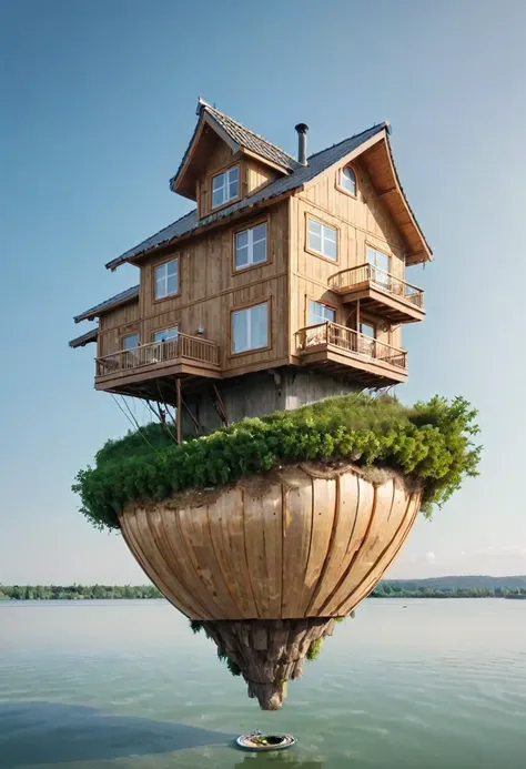 island floating in the air with a wooden house on it.