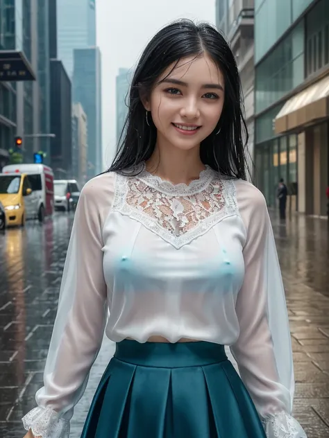 ((best quality, 8K, masterpiece: 1.3)),upper body,Black Hair, black eye,sharp focus: 1.2, beautiful woman with a perfect body: 1.4, ((Medium Hair, large: 1.2)), (small and beautiful hard (White long sleeve blouse with lace、Silk Tight dark turquoise long sk...