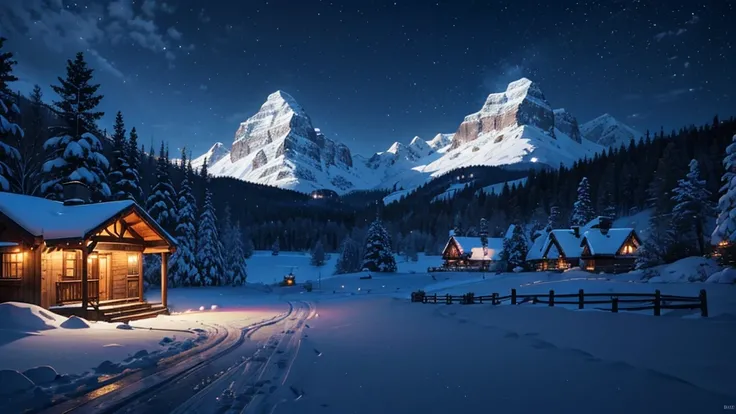 Snowy Night scene with a cabin and mountain in the background, Matte by Franz Hegi, shutter, Concept Art, Snowy winter Christmas Eve, Winter Night, Wallpaper HD beautiful, Night village background, Beautiful digital artwork, Amazing wallpapers, Beautiful a...