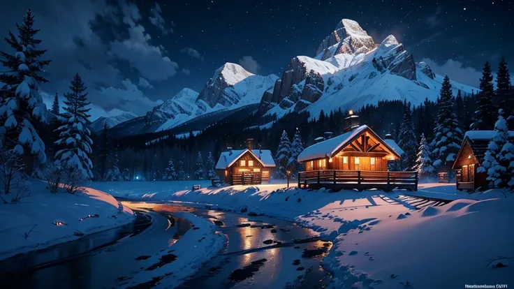 Snowy Night scene with a cabin and mountain in the background, Matte by Franz Hegi, shutter, Concept Art, Snowy winter Christmas Eve, Winter Night, Wallpaper HD beautiful, Night village background, Beautiful digital artwork, Amazing wallpapers, Beautiful a...