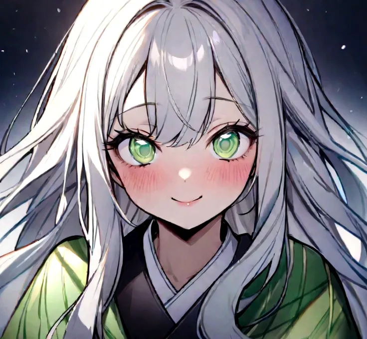   white background, kimono. Masterpiece, Best Quality,1 girl、Kimetsu no Yaiba style、uniform hashira、  bright platinum hair 、long hair、bright platinum hair、smiles、    cold、   pastel green eyes、  light eyes、cold、close-up、