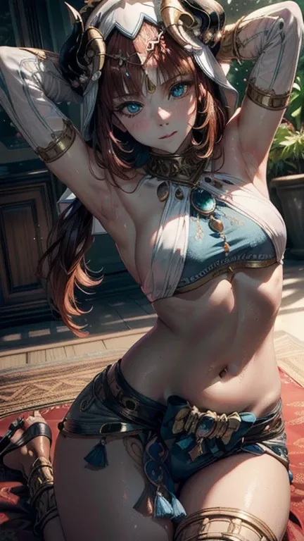 ((masterpiece)),(bestquality),((ultra-detailed)), (beautiful detailed face), depth of field,detailed,((beautiful detailed eyes)), medium breast, armpit pose, niloudef, full body, Belly Dancing, sensual, seductive.