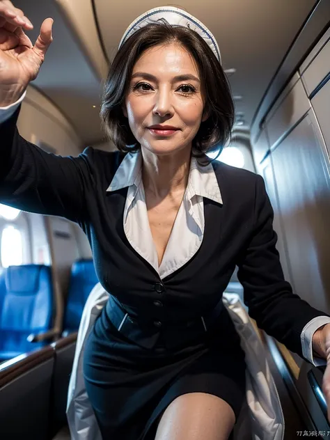 (masterpiece:1.4), (1girl : 1.5), (solo focus : 1.5), leaning towards viewer, (62-year-old woman:1.5),(facial wrinkles 1.2),gentle smile,maternal,Mature Woman, (dressed as a flight attendant : 1.4), on a plane, view from below