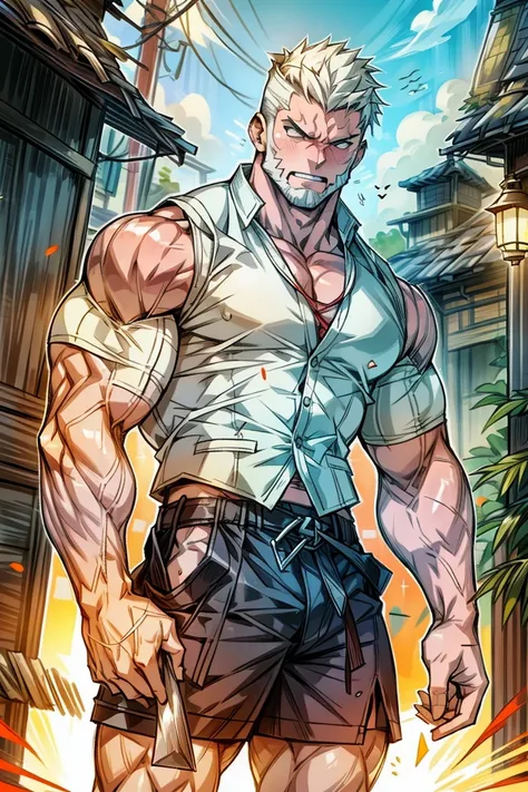 A man in a white tight vest，His tight muscles can be seen from the shape of the vest，Lean forward，Showing off his strong physique，Wear loose shorts，Asian face shape，Clean face，No beard，Hand holding a warning sign as a weapon，Side Light