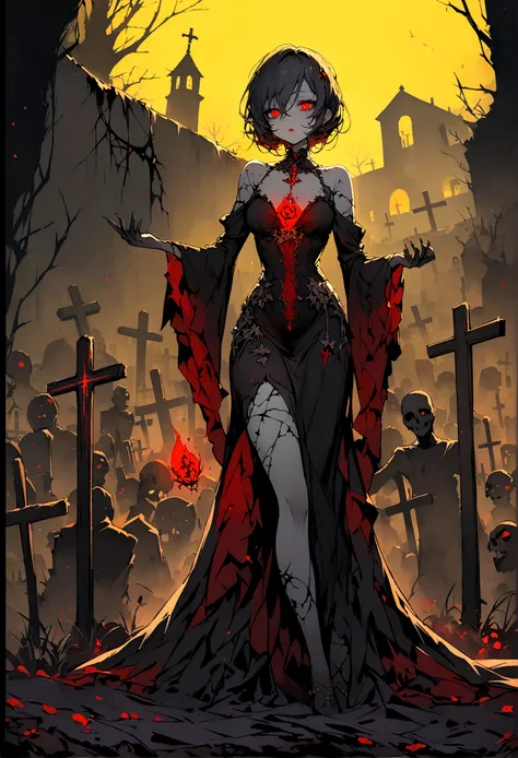 Ultra Detailed, ((Exquisite and beautiful)),(Zombie girl), (Red spell on yellow background),midnight,Dark Landscape,Graveyard at night