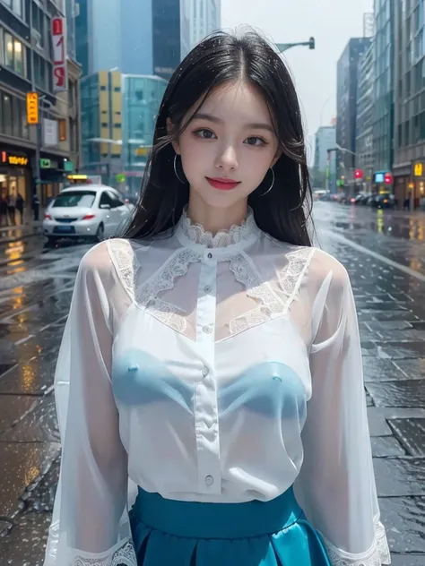 ((best quality, 8K, masterpiece: 1.3)),upper body,Black Hair, black eye,sharp focus: 1.2, beautiful woman with a perfect body: 1.4, ((Medium Hair, large: 1.2)), (small and beautiful hard (White long sleeve blouse with lace、Silk Tight dark turquoise long sk...