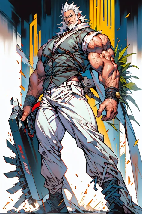 A man in a white tight vest，His tight muscles can be seen from the shape of the vest，Lean forward，Showing off his strong physique，Wear loose shorts，Asian face shape，Clean face，No beard，Chainsaw in hand，Side Light