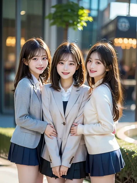 three beauties,3 girls,mini skirt,wearing a uniform,blazer,smile