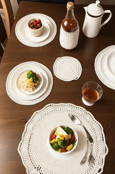 Create an image of a table set for lunch with a crocheted placemat under the plates