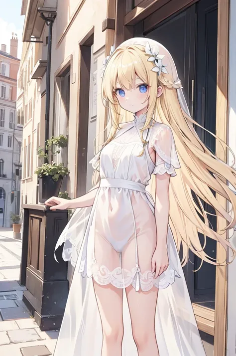 Alcanevi, A woman with long blonde hair wearing a white, see-through dress, Woman&#39;s face, Unreal Engine Character Art, Portraiture((Toddler girl))　((5 years old))((naked))　((nsfw)Night sea background、((She lifts the skirt of her white open-chested mini...