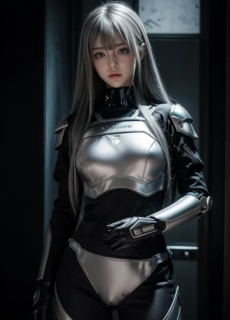 cyber angel,machine wing,{{Sci-Fi Armor}},cyber suit,cyberpunk,science fiction,cyber battle armor,Battledress,Military Uniforms,pants,black military uniform,whole body,Height: 168cm,almond shape eyes,{{{{{silver eyes}}}}},{{{{{dull bangs}}}}},(slanted eyes...