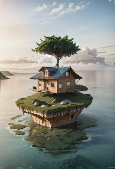 island floating in the air with a wooden house on it.