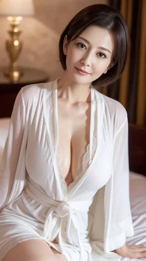 tabletop,highest quality, (dear. :1), ,（sitting on a bed in a luxury hotel suite:1.3)、full body photo，(wearing a white bathrobe:...