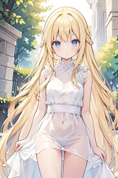 A woman with long blonde hair wearing a white, see-through dress, Woman&#39;s face, Portraiture((Toddler girl))　((5 years old))((naked))　((nsfw)Night sea background、((She lifts the skirt of her white open-chested mini dress to reveal her crotch.、The shirt ...