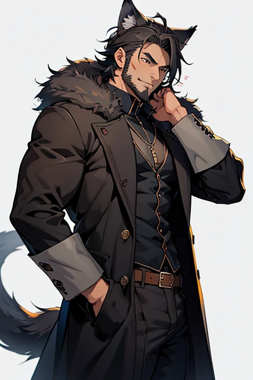 Anime character with short dark grey hair and furry coat standing, Wolf ears，Wolf Tail，demihuman,demiwolf,kemonomimi,muscular,light stubble, Anime handsome man, Anime portrait of a handsome man,mature,brown eyes,tired, Big fangs