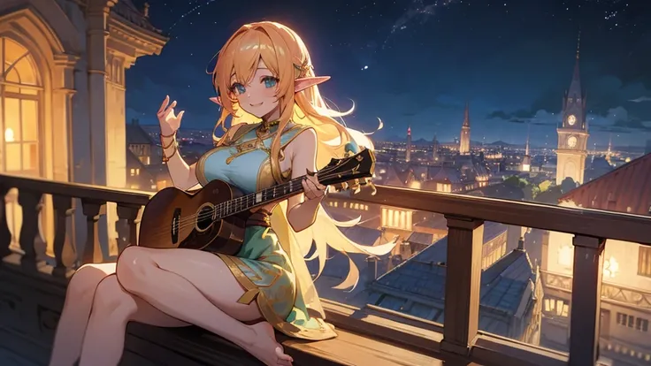 Anime Style,night,Detailed background,Magical World,A lively balcony with many people,Smiling bard beautiful elf girl,guitar,Large Breasts,Healthy thighs,Underarm,Barefoot