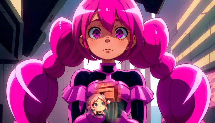 anime girl with pink hair and big pink gloves standing in a room, portrait anime space cadet girl, anime manga robot!! anime girl, anime girl of the future, streamlined pink armor, pink iconic character, anime girl, slick pink armor, anime, humanoid pink f...