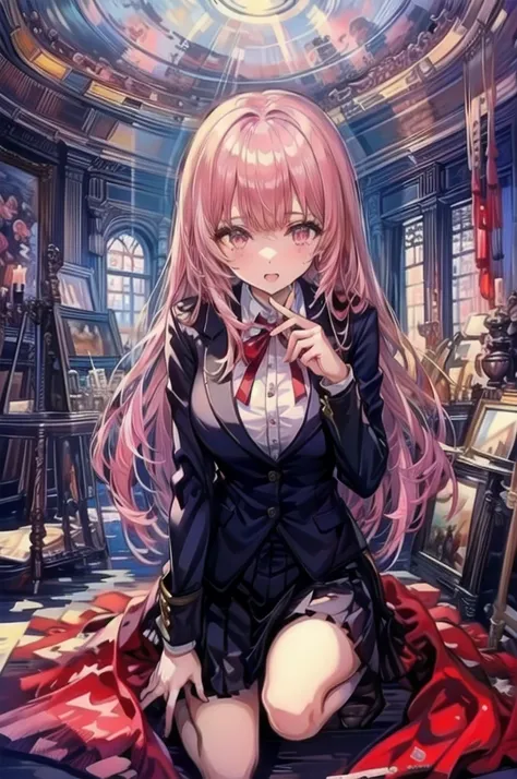 a beauty girl，Uniform Ribbon，Cute Blazer，Laughter，girl，length，anime a girl，Highest quality，Huge ，Pink Hair，masterpiece，Great style，length，Sexy and cute，Ultra-high resolution，beautiful a girl，Lovely girl，loose socks，Perfect beautiful girl，HD quality，８Ｋ，