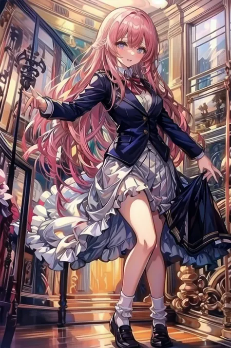 a beauty girl，Uniform Ribbon，Cute Blazer，Laughter，girl，length，anime a girl，Highest quality，Huge ，Pink Hair，masterpiece，Great style，length，Sexy and cute，Ultra-high resolution，beautiful a girl，Lovely girl，loose socks，Perfect beautiful girl，HD quality，８Ｋ，