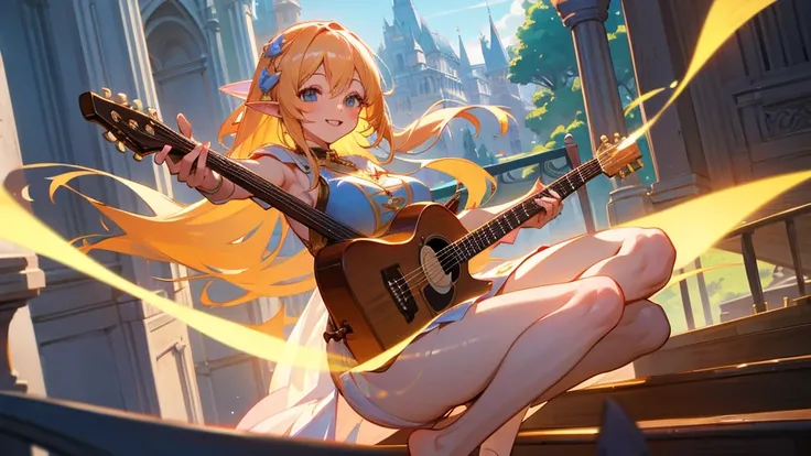 Anime Style,evening,Detailed background,Magical World,A lively balcony with many people,Smiling bard beautiful elf girl,guitar,Large Breasts,Healthy thighs,Underarm,Barefoot