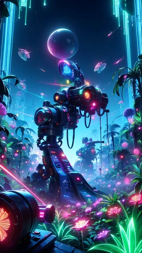 top quality, future world, State-of-the-art robot,  (((plants, flowers, zombies, flower shooting lazer )))