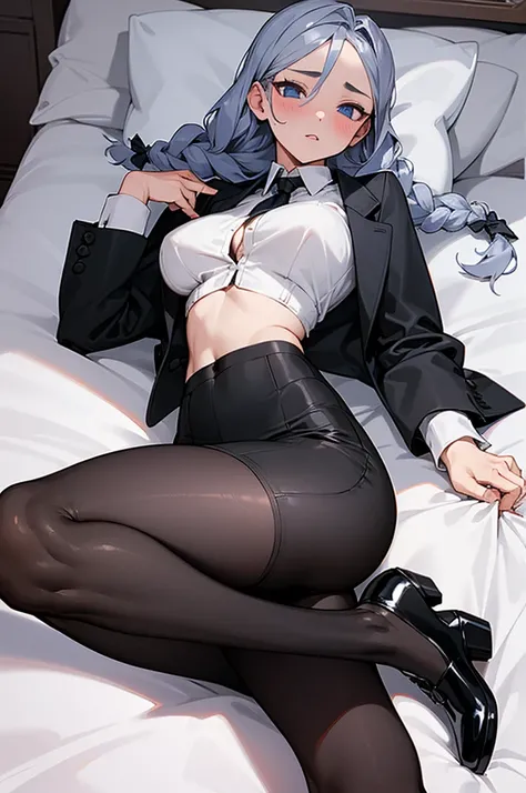 1girl, silver colored double massive braids, blue eyes, big breasts, big butt, thick thighs, tight white crop top which exposes her midriff with an unbuttoned black formal suit, very short black tennis skirt which is pulled down to hide her private parts b...