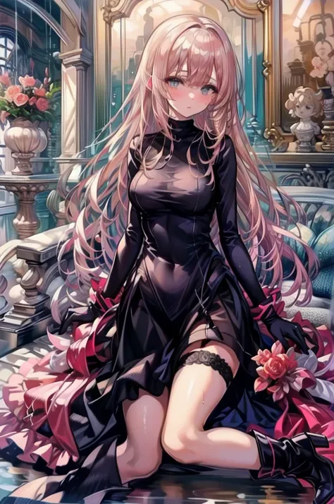 She looks away shyly　Embarrassed expression　Big Mouth　Open your mouth a little　Blonde long hair　anime　Romanesque style　 super curly hair　Super long sideburns　A wet and see-through salmon pink turtleneck wedding dress　cuteポージング　Pool at night　Droopy eyes　Rib...