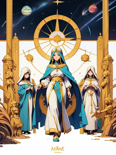 Events of the path of female saints. Astrology. Beautiful landing page on white background. Vector with group of people going on a pilgrimage without text and surrounding planets.