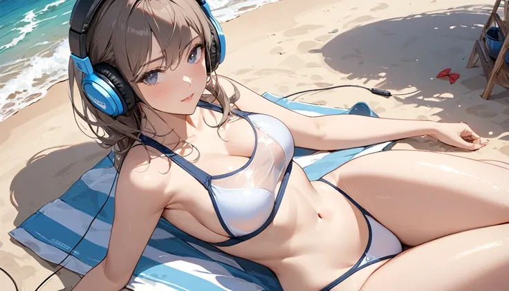 ((Top Quality)), ((Masterpiece)), ((Details)), perfect face, perfect body, sitting on the beach, listening to music, wearing headphones, wearing swimsuit, swimsuit transparent, tight with buttocks and breasts exposed Woman with clothes on and face visible