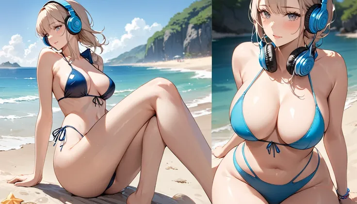 ((Top Quality)), ((Masterpiece)), ((Details)), perfect face, perfect body, sitting on the beach, listening to music, wearing headphones, wearing swimsuit, swimsuit transparent, tight with buttocks and breasts exposed Woman with clothes on and face visible