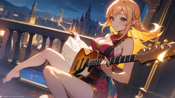 Anime Style,night,Detailed background,Magical World,A lively balcony with many people,Smiling bard beautiful elf girl,guitar,Large Breasts,Healthy thighs,Underarm,Barefoot