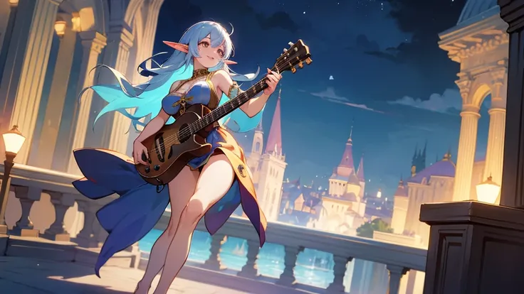 Anime Style,night,Detailed background,Magical World,A lively balcony with many people,Smiling bard beautiful elf girl,guitar,Large Breasts,Healthy thighs,Underarm,Barefoot