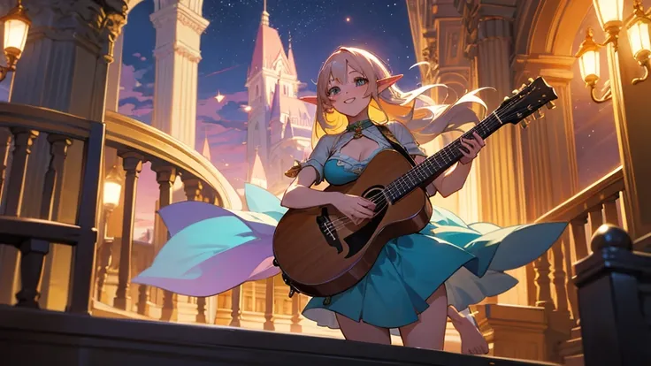 Anime Style,night,Detailed background,Magical World,A lively balcony with many people,Smiling bard beautiful elf girl,guitar,Large Breasts,Healthy thighs,Underarm,Barefoot