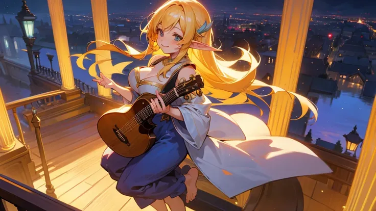 Anime Style,night,Detailed background,Magical World,A lively balcony with many people,Smiling bard beautiful elf girl,guitar,Large Breasts,Healthy thighs,Underarm,Barefoot