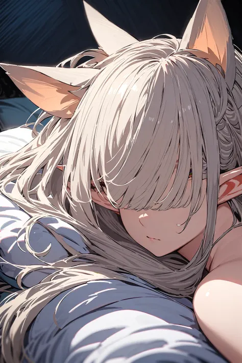 (masterpiece, best quality:1.5), (ultra detailed, high resolution, 8k, beautiful detailed, UHD, best anatomy), white hair, flat breasts, 1 beast ears, barefoot, bedroom, night, Lying on the bed, asleep, Both eyes closed, Pajamas with short sleeves and shor...