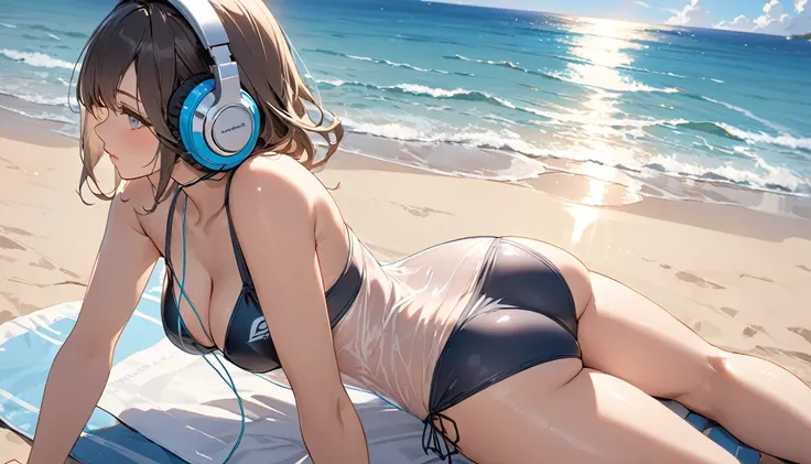 ((Top Quality)), ((Masterpiece)), ((Details)), perfect face, perfect body, sitting on the beach, listening to music, wearing headphones, wearing swimsuit, swimsuit transparent, tight with buttocks and breasts exposed Woman with clothes on and face visible